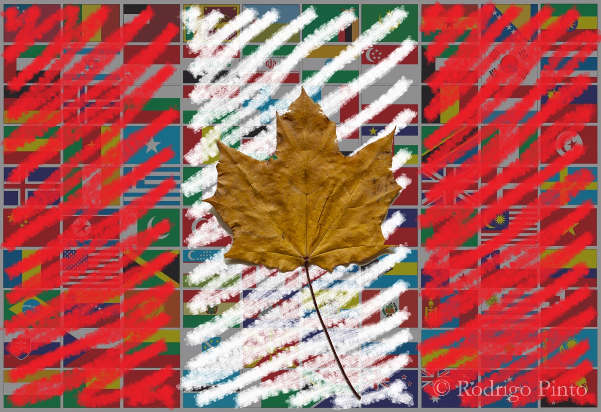 Rectangle filled with flags of diverse countries with a dry mapple leaf over them. The left most and right most thirds of the rectangle are roughly scribled over in red, and the middle third in white. The final result resembles the flag of Canada.