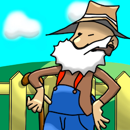 Cartoonish design of and old, long bearded farmer standing against an yellow picket fence, with white cotton-like clouds in the sky.
